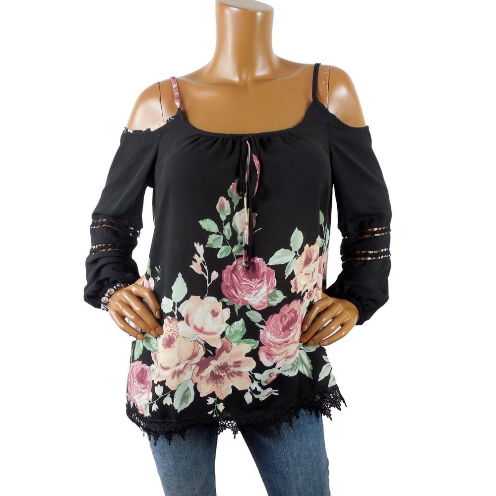 PENELOPE Top L Black Floral Cold Shoulder Blouse Embroidery Lace Hem Casual
